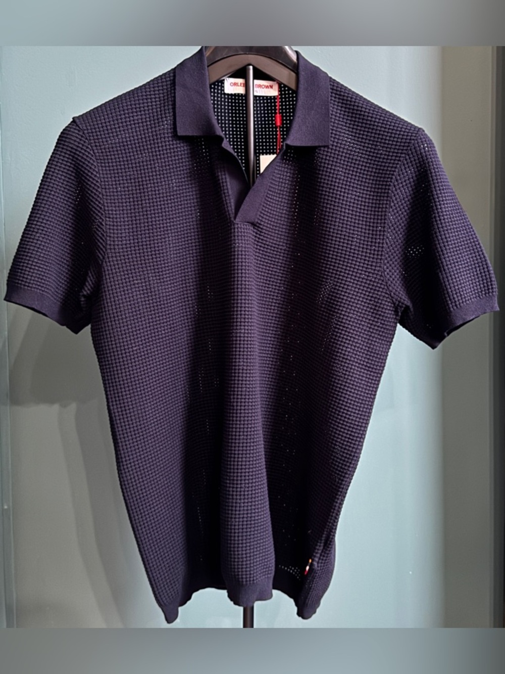 Orlebar Brown Luxury Roddy Night Iris Blue Polo Shirt XL $545 Mesh Waffle Knit - Picture 3 of 7
